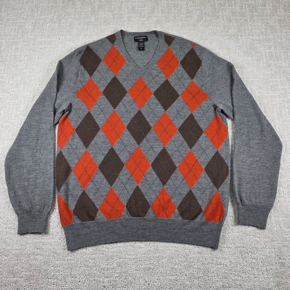Banana Republic Merino Wool Argyle V-Neck Sweater Mens XL Grey Orange Brown